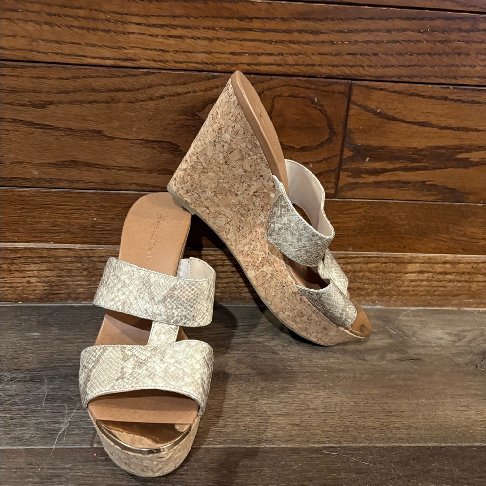 Boston Proper Beige Snakeskin Cork Wedges